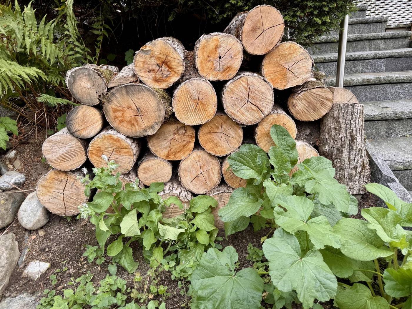 Rundholzhaufen im Naturgarten